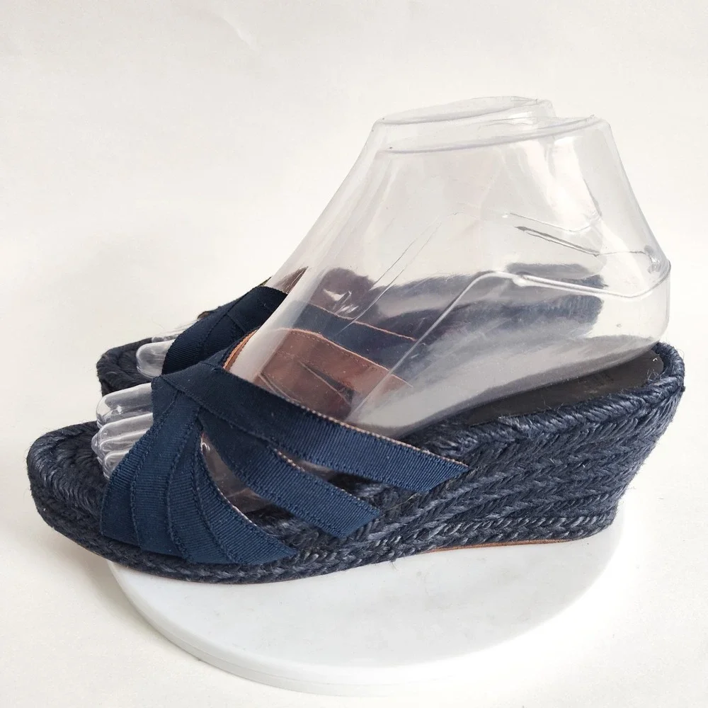 Stubbs & Wootton Sandals 37 / 6 Espadrille Wedge Blue‎ Ribbon Slip On Open Toe